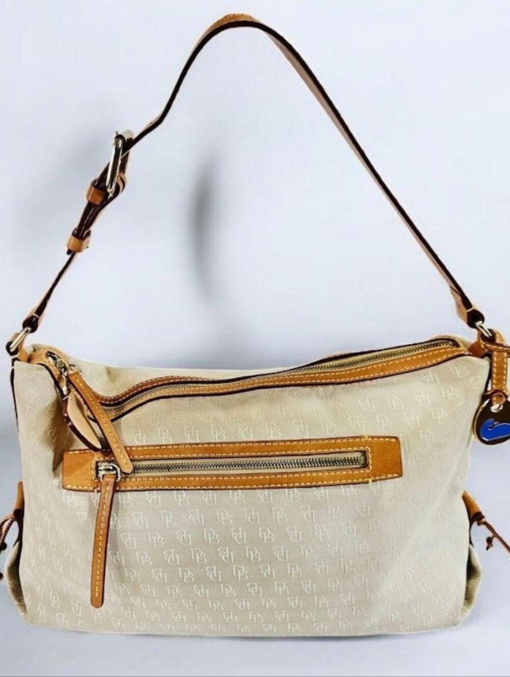 Dooney & Bourke Signature Cream Canvas Hobo  Shoulder Bag with Tan Trim Y2K Era